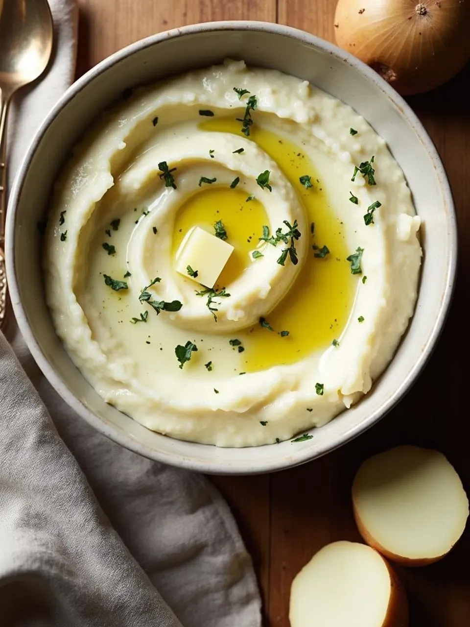 Creamy celeriac root mash served in a bowl, garnished with herbs and a drizzle of olive oil, offering a rustic and healthy alternative to mashed potatoes