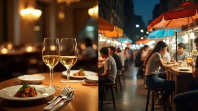 Split-screen image comparing fine dining and casual street food — elegant gourmet setting on one side, casual, lively food truck scene on the other.