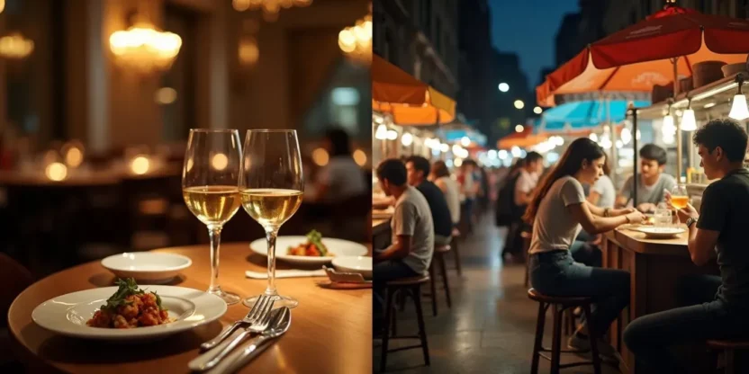 Split-screen image comparing fine dining and casual street food — elegant gourmet setting on one side, casual, lively food truck scene on the other.