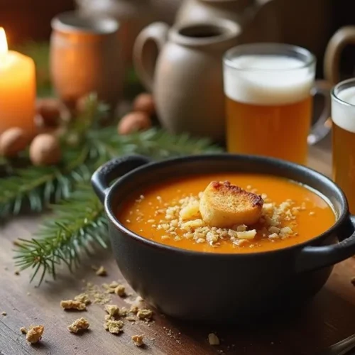 Festive table setting with Latvian beer soup, cheese croutons, candles, and winter decor evoking cozy Baltic holiday vibes.