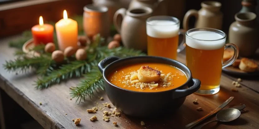 Festive table setting with Latvian beer soup, cheese croutons, candles, and winter decor evoking cozy Baltic holiday vibes.
