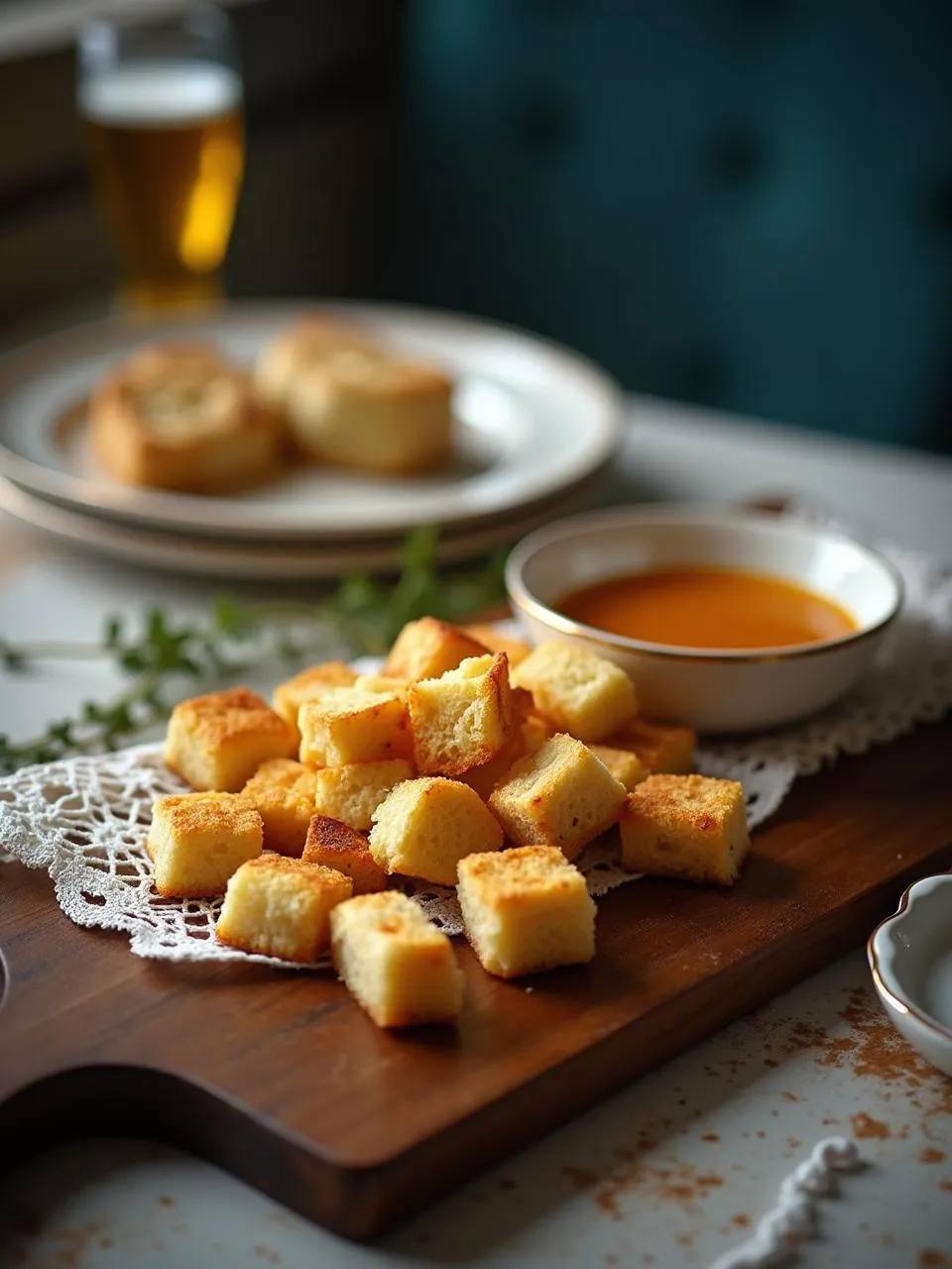 Golden cheese croutons cut into small cubes on a wooden board, with a bowl of Latvian beer soup in the background.
