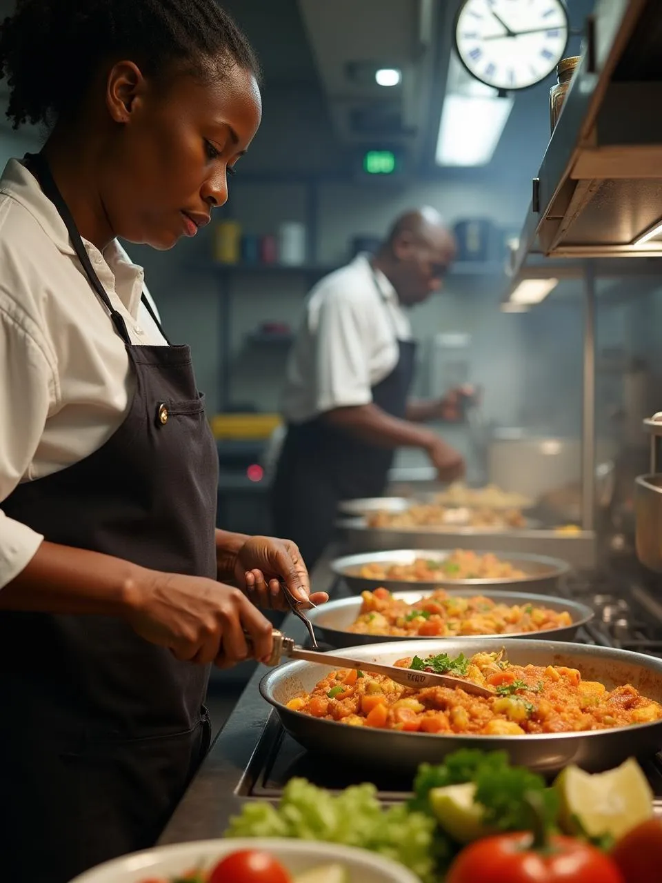 Chef Leen, wearing a white chef’s coat and red headscarf, holding up two whole fish—one in each hand—smiling broadly in a kitchen setting with fresh ingredients and cooking tools visible on the countertop.