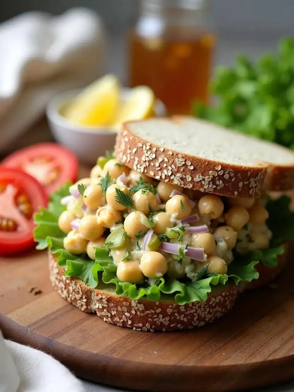 Vegan chickpea salad sandwich with lettuce, tomato, and chunky chickpea filling on whole grain bread, styled with lemon wedges and a casual café vibe.