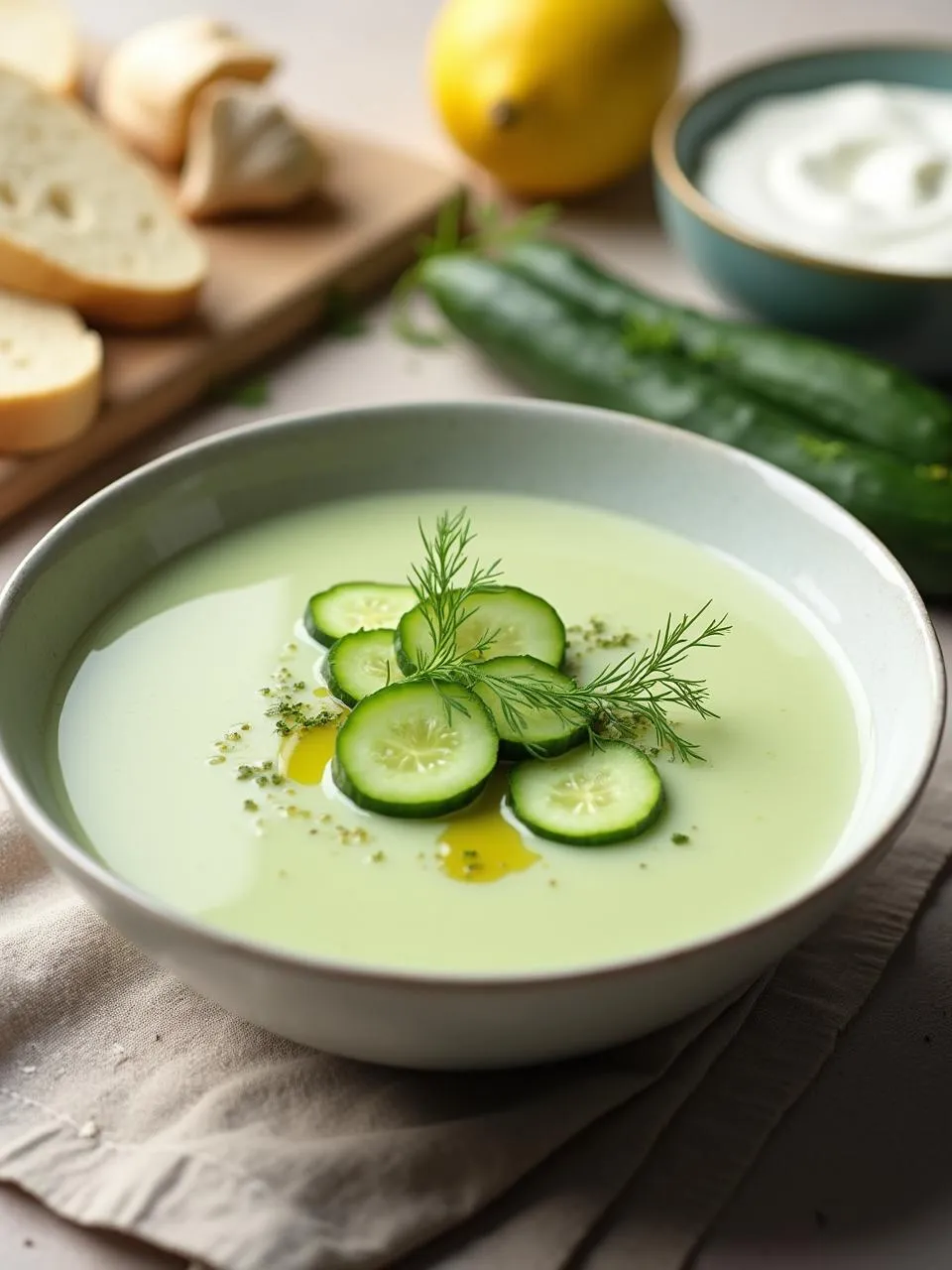 Chilled cucumber soup garnished with diced cucumber, olive oil, and dill, served with crusty bread and surrounded by fresh ingredients in a bright setting.