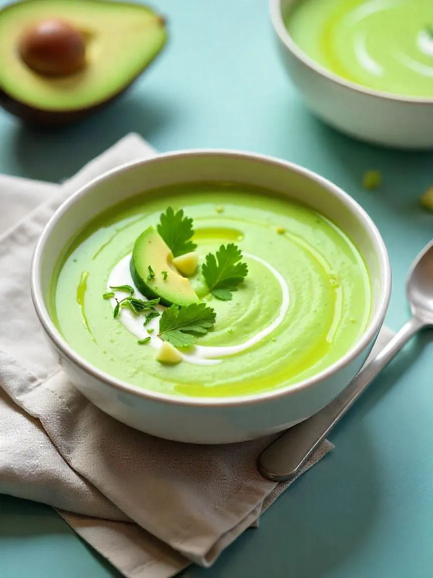 A bowl of chilled avocado soup garnished with herbs and a drizzle of oil, served as a refreshing summer dish on a light background