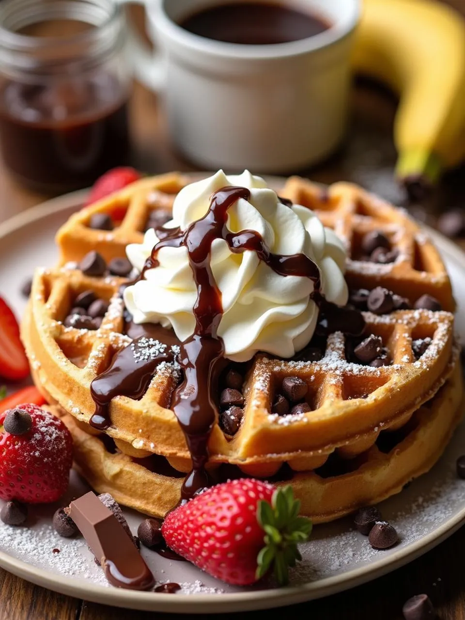 Chocolate chip waffles topped with whipped cream, powdered sugar, chocolate syrup, and served with fresh strawberries and bananas.