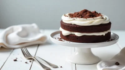 Chocolate rye torte with whipped cream and grated chocolate on top, served on a white cake stand with rustic Nordic table styling.
