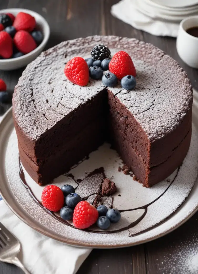 Close-up of a rich and sticky Kladdkaka dessert topped with vanilla ice cream and fresh berries.