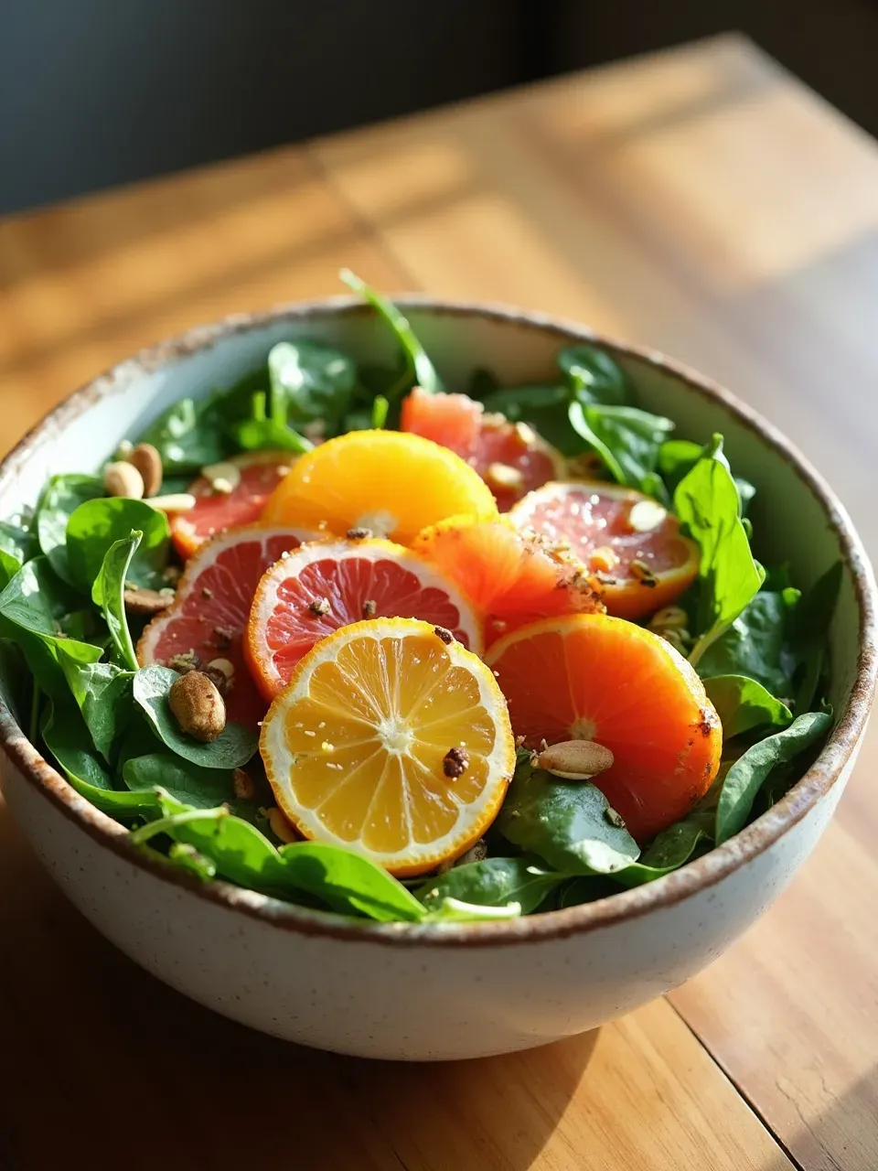 A vibrant citrus and arugula salad with orange and grapefruit slices, sprinkled with nuts and drizzled with a light vinaigrette, served on a white plate