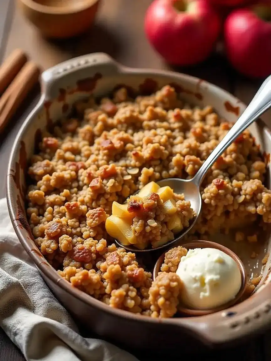 Warm Apple Crisp with Oat Topping and Vanilla Ice Cream