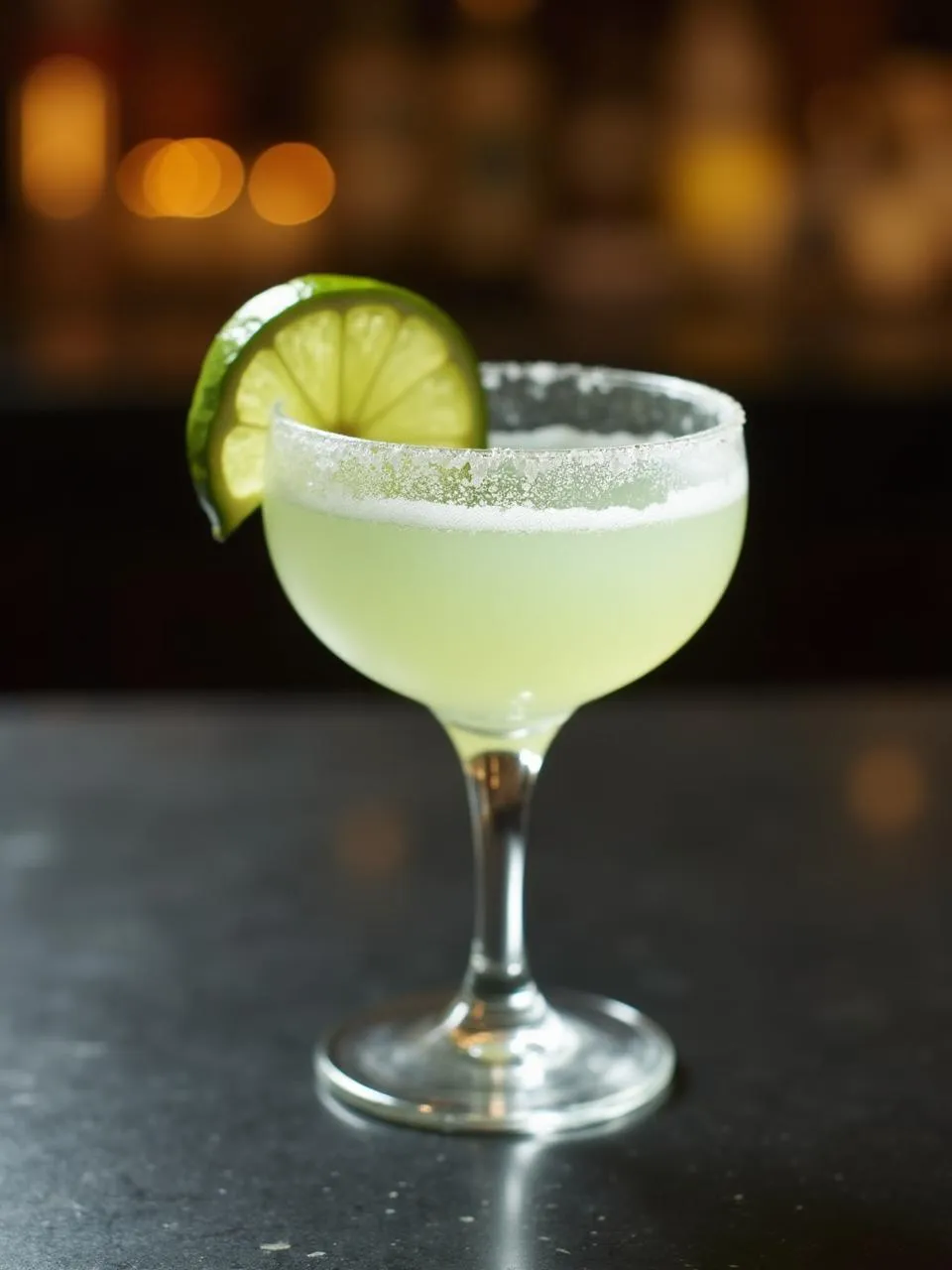 Classic Daiquiri cocktail with white rum, lime juice, and simple syrup, served straight up in a coupe glass with a lime wheel garnish.