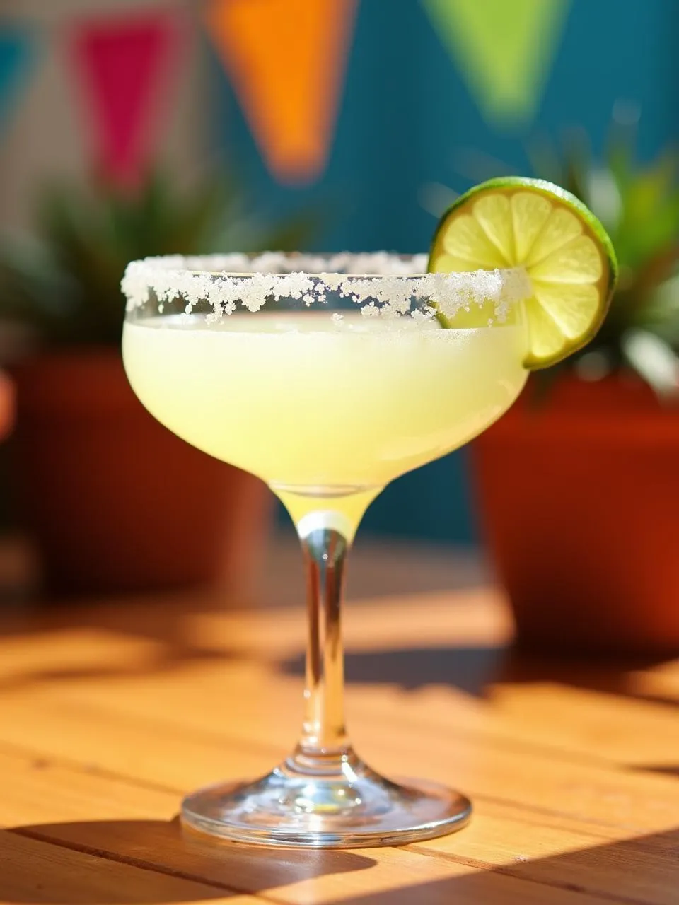 Classic margarita cocktail with tequila, lime juice, and salt rim, served over ice in a margarita glass.