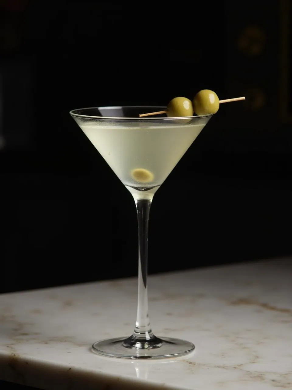 Classic Martini cocktail with gin and vermouth, garnished with an olive in a sleek martini glass on a marble bar counter.