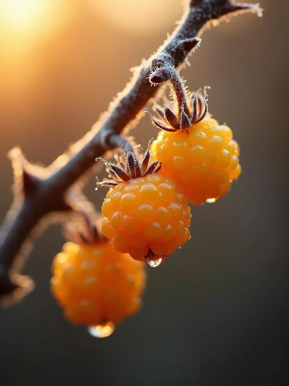 Fresh golden-orange cloudberries growing in wild mossy terrain in Norway.