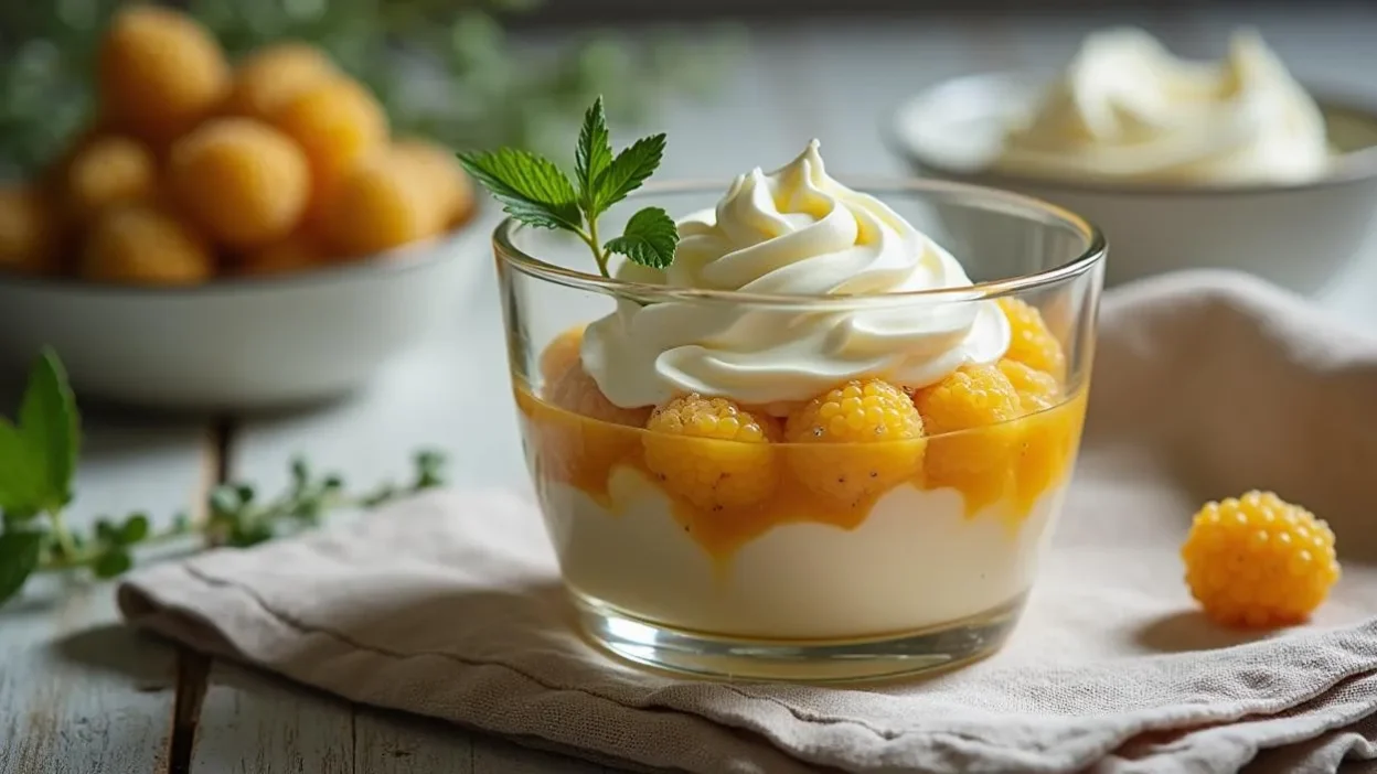 A glass dessert cup filled with whipped cream and cloudberries (multekrem) on a rustic Scandinavian table.