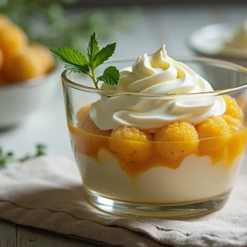 A glass dessert cup filled with whipped cream and cloudberries (multekrem) on a rustic Scandinavian table.