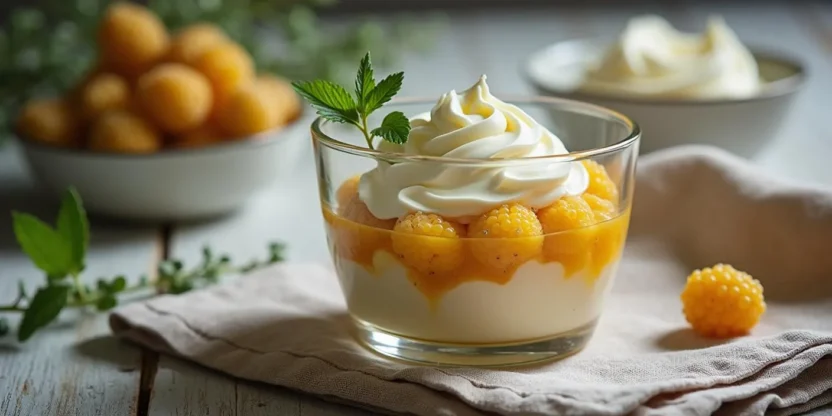 A glass dessert cup filled with whipped cream and cloudberries (multekrem) on a rustic Scandinavian table.