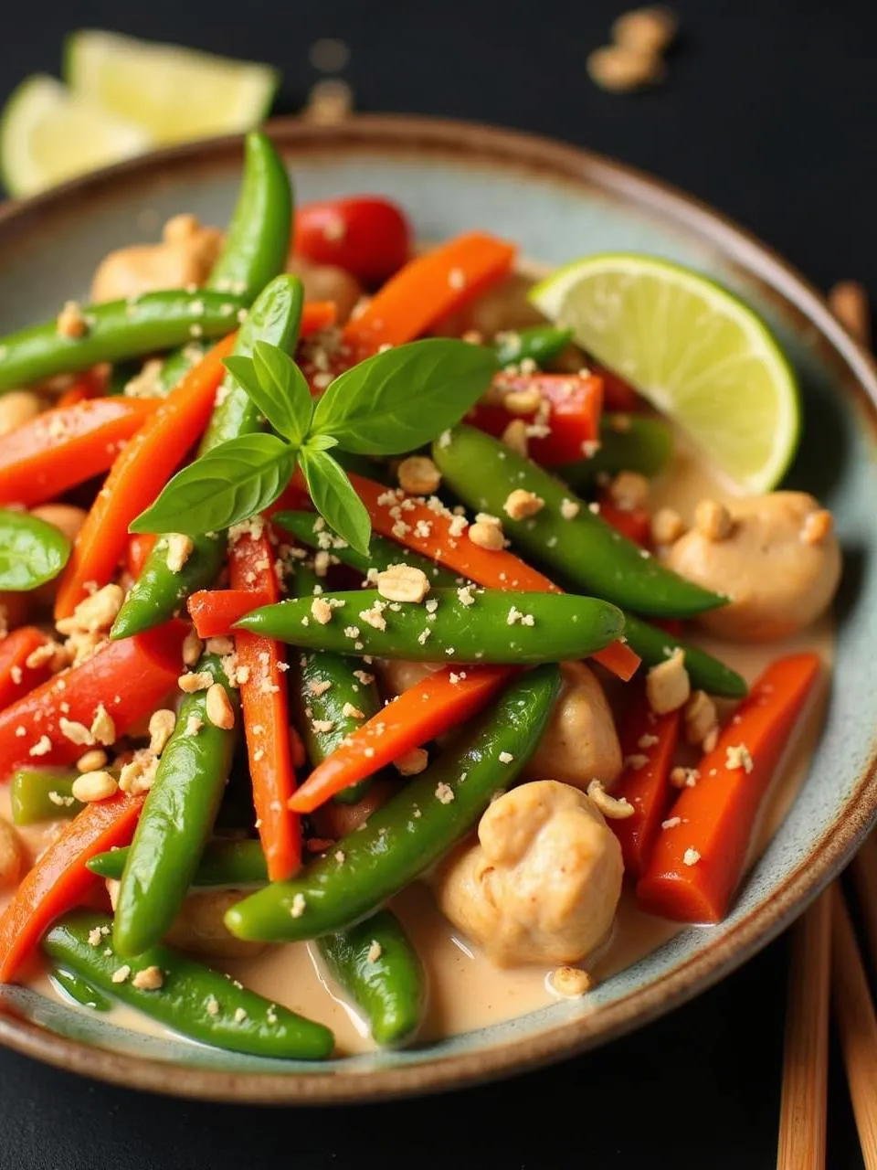 Coconut basil stir fry with chicken, vegetables, fresh basil, crushed peanuts, and lime wedges served in a wok.