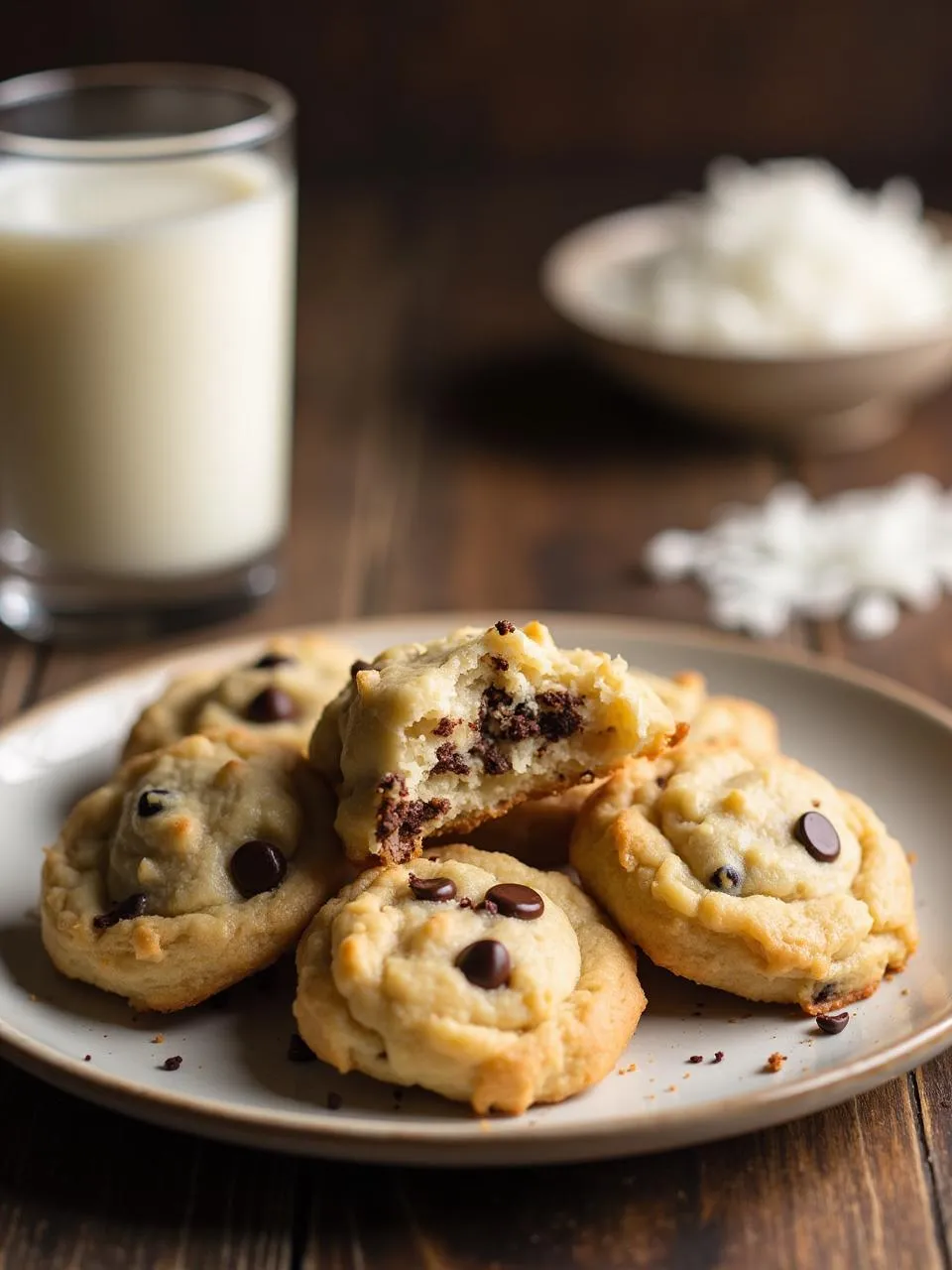 Coconut chocolate chip cookies with toasted coconut flakes and melted chocolate chips, served with a glass of milk.