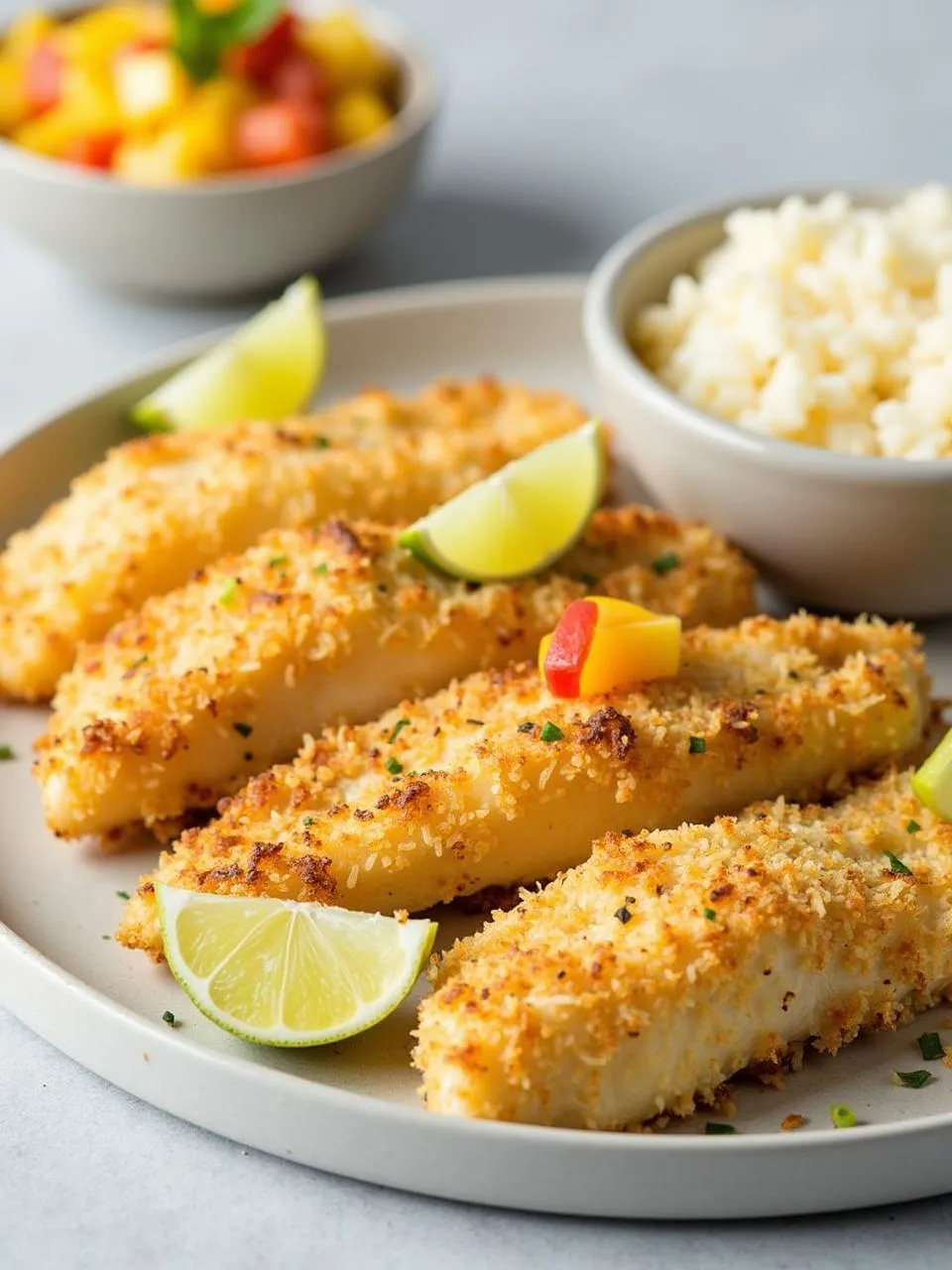 Coconut-crusted fish fillet served with tropical garnish — crispy, golden, and island-inspired.