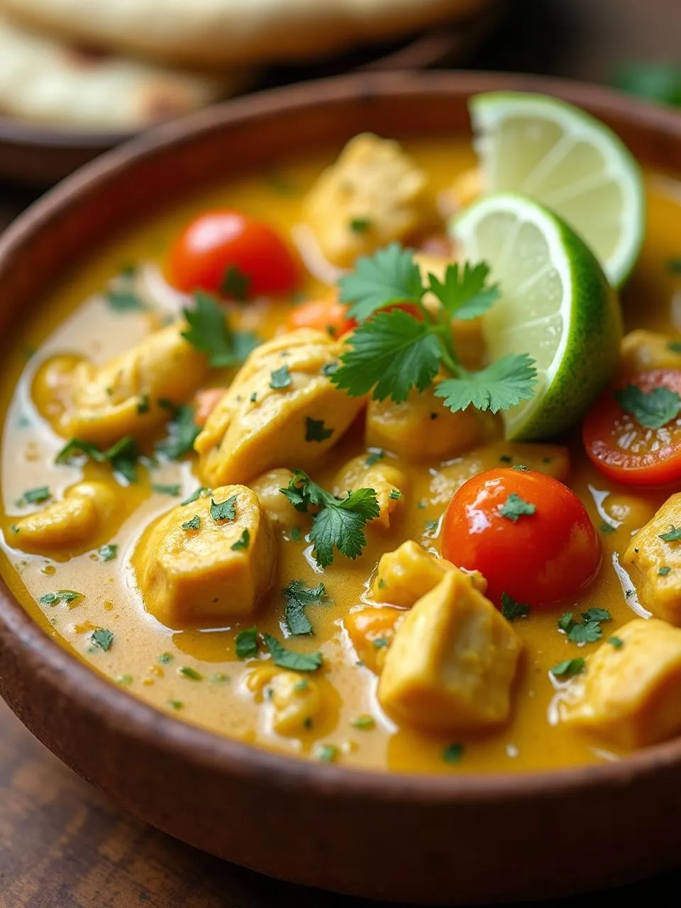 Coconut curry chicken served with jasmine rice, garnished with cilantro and lime, in a rustic bowl with rich golden sauce.
