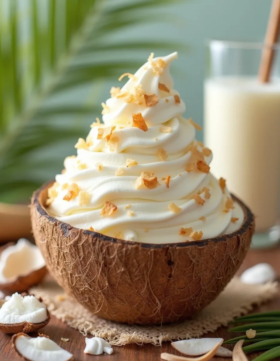 Coconut frozen yogurt with toasted coconut flakes served in a coconut shell on a tropical-themed surface. 