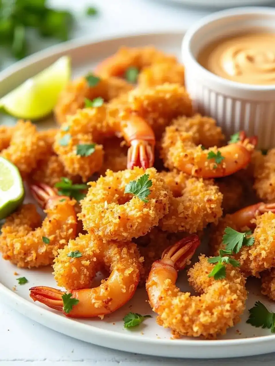 Crispy coconut lime shrimp served with sweet chili coconut sauce, lime wedges, and fresh cilantro on a tropical-themed plate.