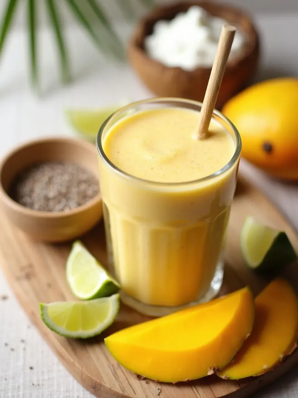 Coconut mango smoothie in a glass, surrounded by mango, coconut yogurt, chia seeds, and lime, styled in a tropical setting.