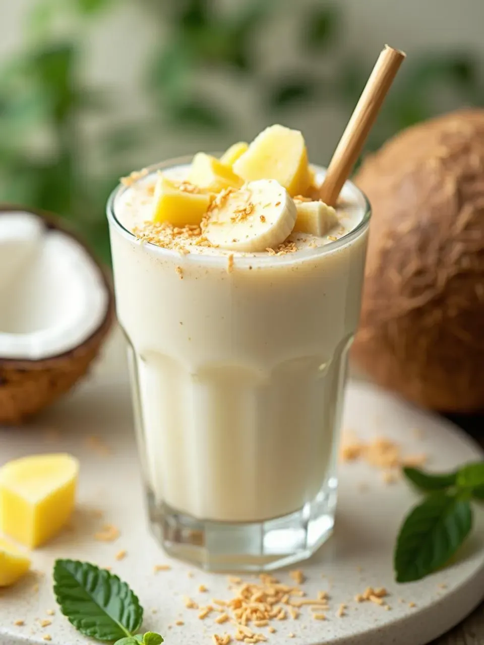 Creamy coconut milk smoothie topped with pineapple, banana, and shredded coconut, served with tropical fruits and a bamboo straw.