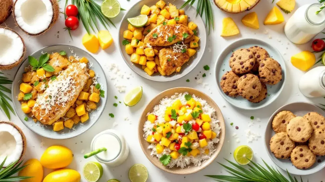Assorted coconut-based dishes including curry, fish, salsa, smoothies, and cookies, styled with coconut flakes, milk, and tropical fruits on a bright table.