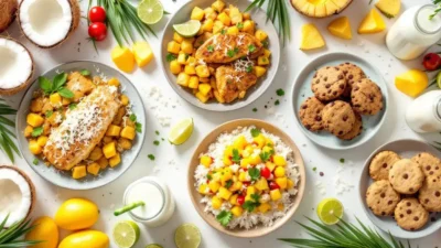 Assorted coconut-based dishes including curry, fish, salsa, smoothies, and cookies, styled with coconut flakes, milk, and tropical fruits on a bright table.