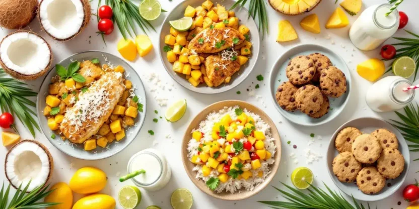 Assorted coconut-based dishes including curry, fish, salsa, smoothies, and cookies, styled with coconut flakes, milk, and tropical fruits on a bright table.