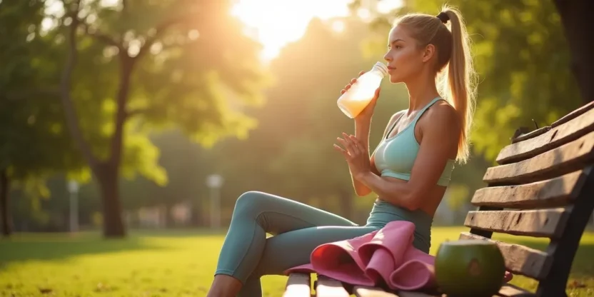 Young woman rehydrating with coconut water in a sunny park after exercise