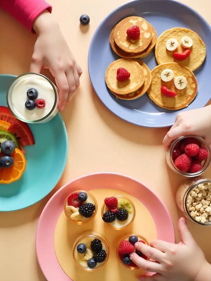 A colorful display of kid-friendly breakfast dishes including fruit parfaits, pancake faces, and overnight oats, with a child’s hands reaching to join in.