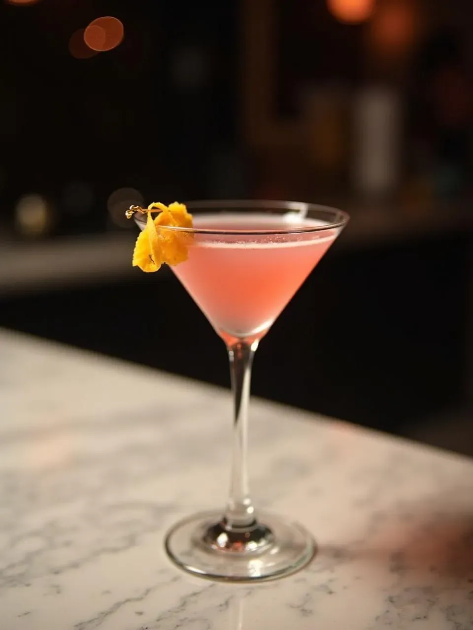 Elegant Cosmopolitan cocktail with orange twist in a martini glass, served in a stylish bar lounge setting.
