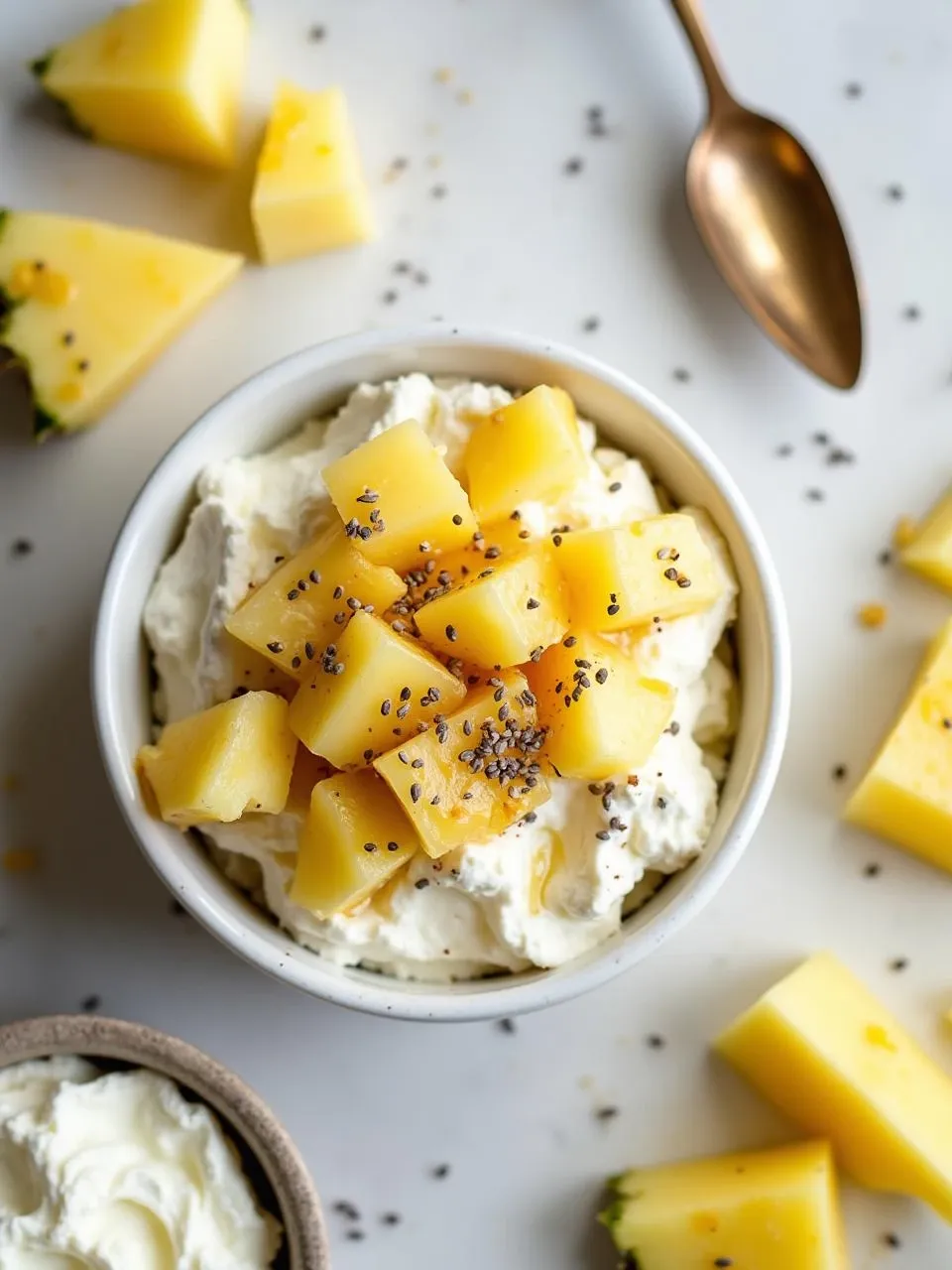 Bowl of cottage cheese topped with fresh pineapple chunks — a healthy, high-protein snack.