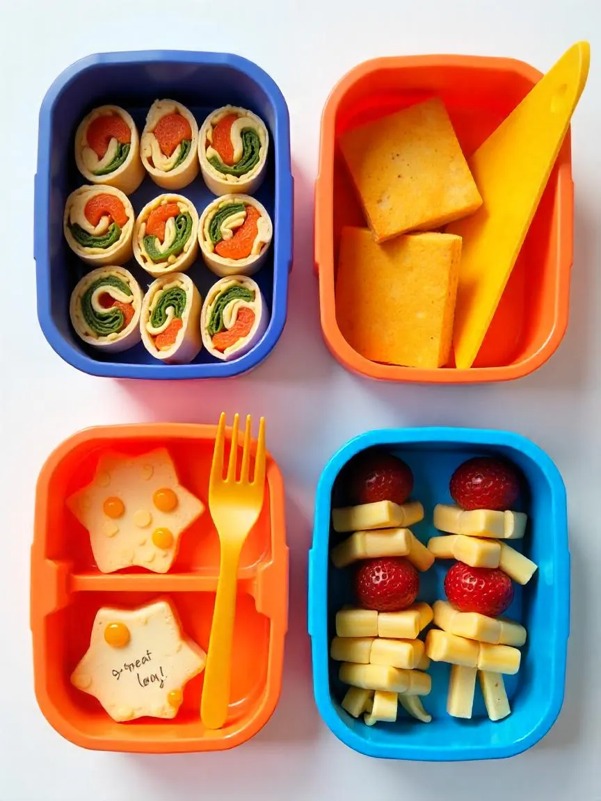 A creative kid’s lunchbox filled with colorful and healthy foods, including fruits, vegetables, sandwiches cut into fun shapes, and small snack portions neatly arranged in compartments