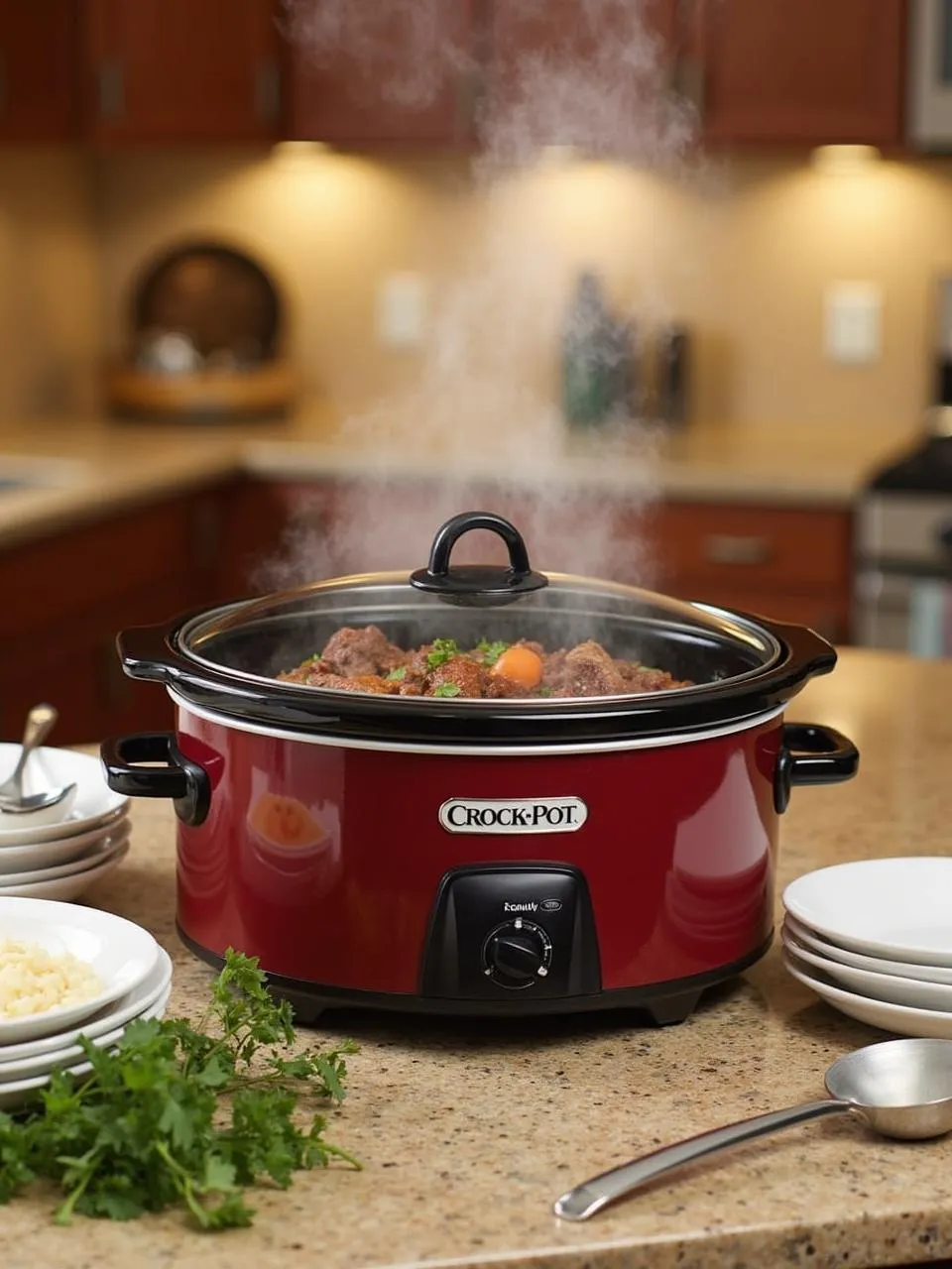 Crock-Pot 7-Quart Slow Cooker simmering a stew on the counter with bowls and herbs nearby in a warm kitchen setting.