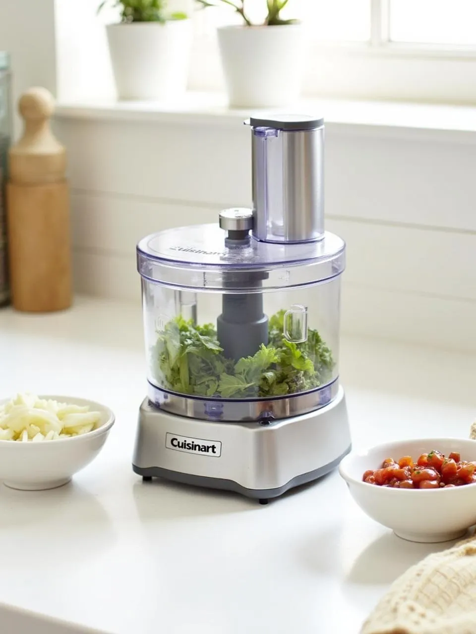 Cuisinart Mini Prep Food Processor on a kitchen counter chopping herbs and nuts, with small prep bowls nearby in a modern kitchen setting.