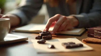 Person eating dark chocolate at a table with study materials, showing focus and enjoyment linked to brain-boosting benefits.