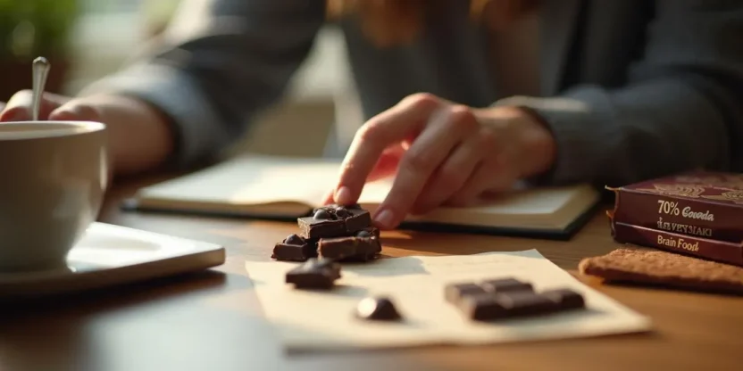 Person eating dark chocolate at a table with study materials, showing focus and enjoyment linked to brain-boosting benefits.
