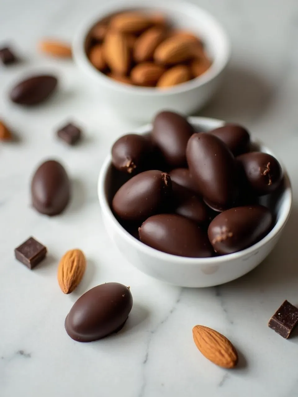 Bowl of dark chocolate-covered almonds with raw almonds and dark chocolate pieces on a marble surface, showcasing a healthy sweet snack.
