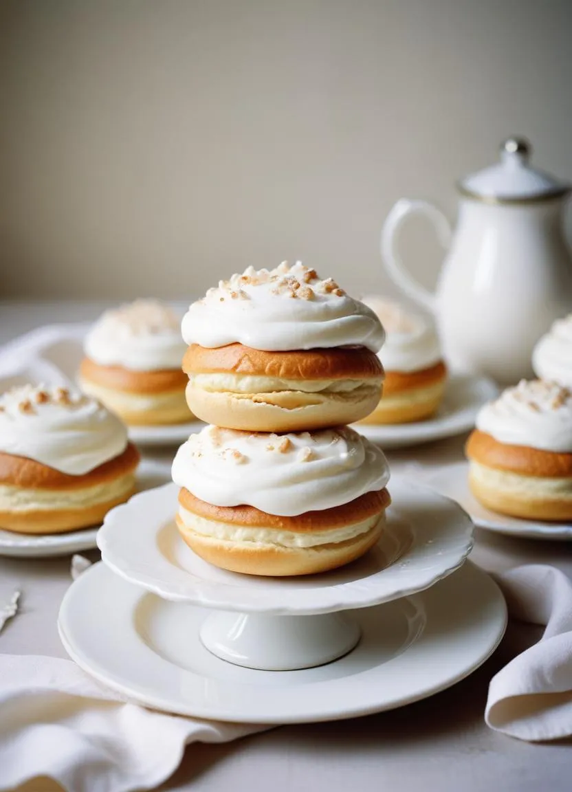 Swedish semla pastry, elegantly presented with a rich almond filling, topped with whipped cream and a sprinkle of powdered sugar, perfect for winter indulgence.