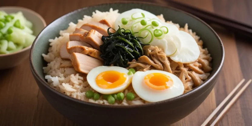 Authentic Japanese rice bowl dish topped with tender chicken and fluffy eggs in savory sauce.