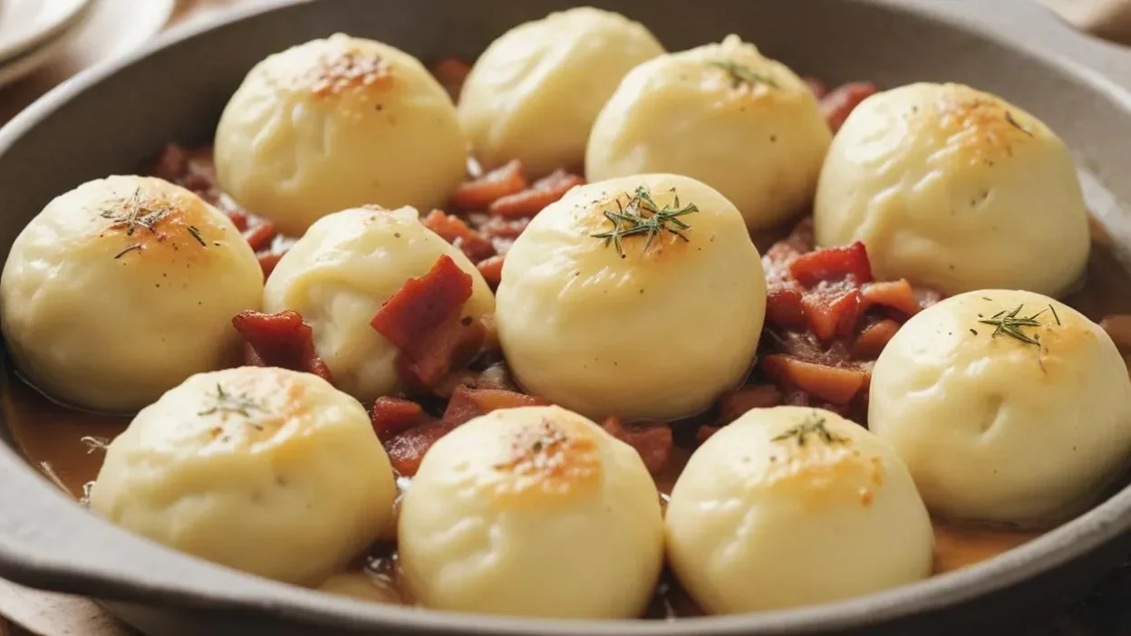 Kroppkakor are hearty and comforting Swedish potato dumplings, typically filled with savory smoked pork or bacon, and seasoned with a blend of allspice.
