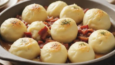 Kroppkakor are hearty and comforting Swedish potato dumplings, typically filled with savory smoked pork or bacon, and seasoned with a blend of allspice.