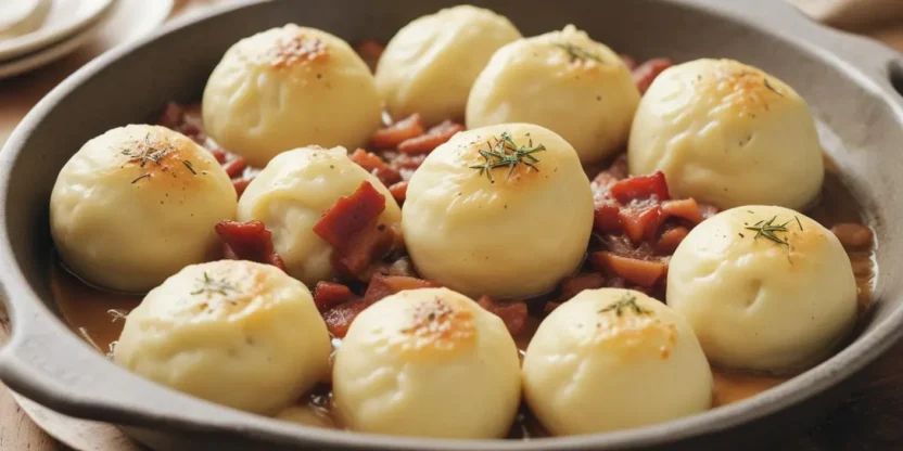 Kroppkakor are hearty and comforting Swedish potato dumplings, typically filled with savory smoked pork or bacon, and seasoned with a blend of allspice.