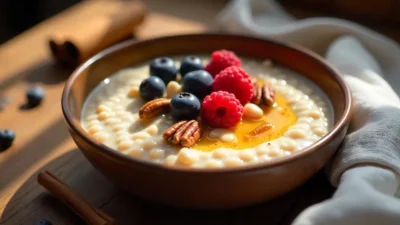 A warm bowl of barley porridge topped with berries, nuts, and cream on a rustic table — a hearty, healthy winter breakfast.