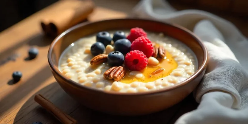 A warm bowl of barley porridge topped with berries, nuts, and cream on a rustic table — a hearty, healthy winter breakfast.